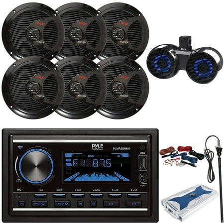 Pyle PLMR2DNBK Double-DIN Boat Marine Bluetooth USB/AUX MP3 Radio Head Unit Stereo Receiver 6.5 150W Max Power Speakers (3 Pairs) Dual 6.5 Wakeboard Speakers 8 Channel Amplifier W/Kit Antenna