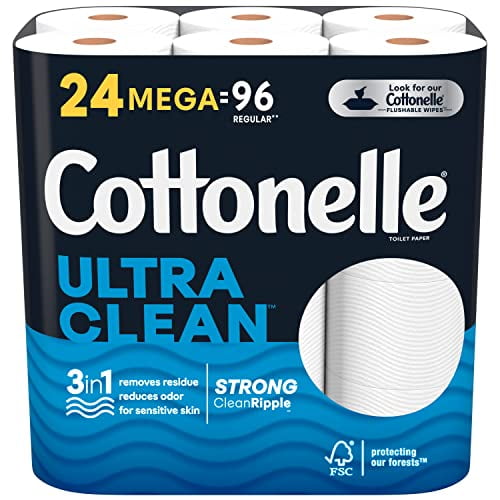 Cottonelle Ultra Clean Toilet Paper, Strong Toilet Tissue, 24 Mega Rolls (24 Mega Rolls = 96 Regular Rolls), 312 Sheets per Roll