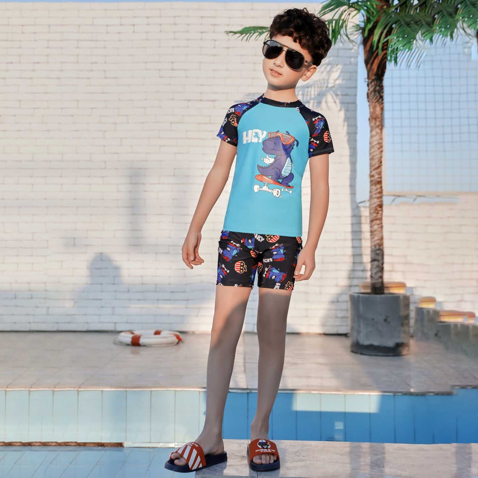 Shadoumai Kid Swimming Suit Stretchy Swimwear Set Boys Swim Shirt and Shorts Set Vacation Boy Bathing Suit