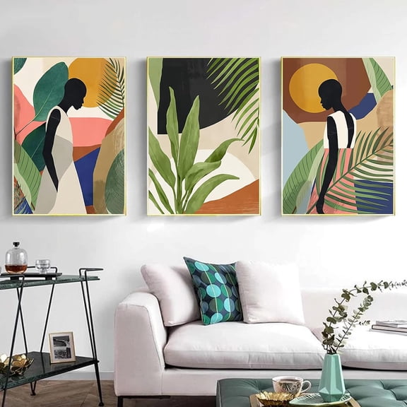 FCCUYE Abstract African American Wall Art Canvas Painting Black Woman and Green Plant Wall Art Pictures Set of 3 Nordic Posters and Prints Pictures Wall for Living Room Decoration Und