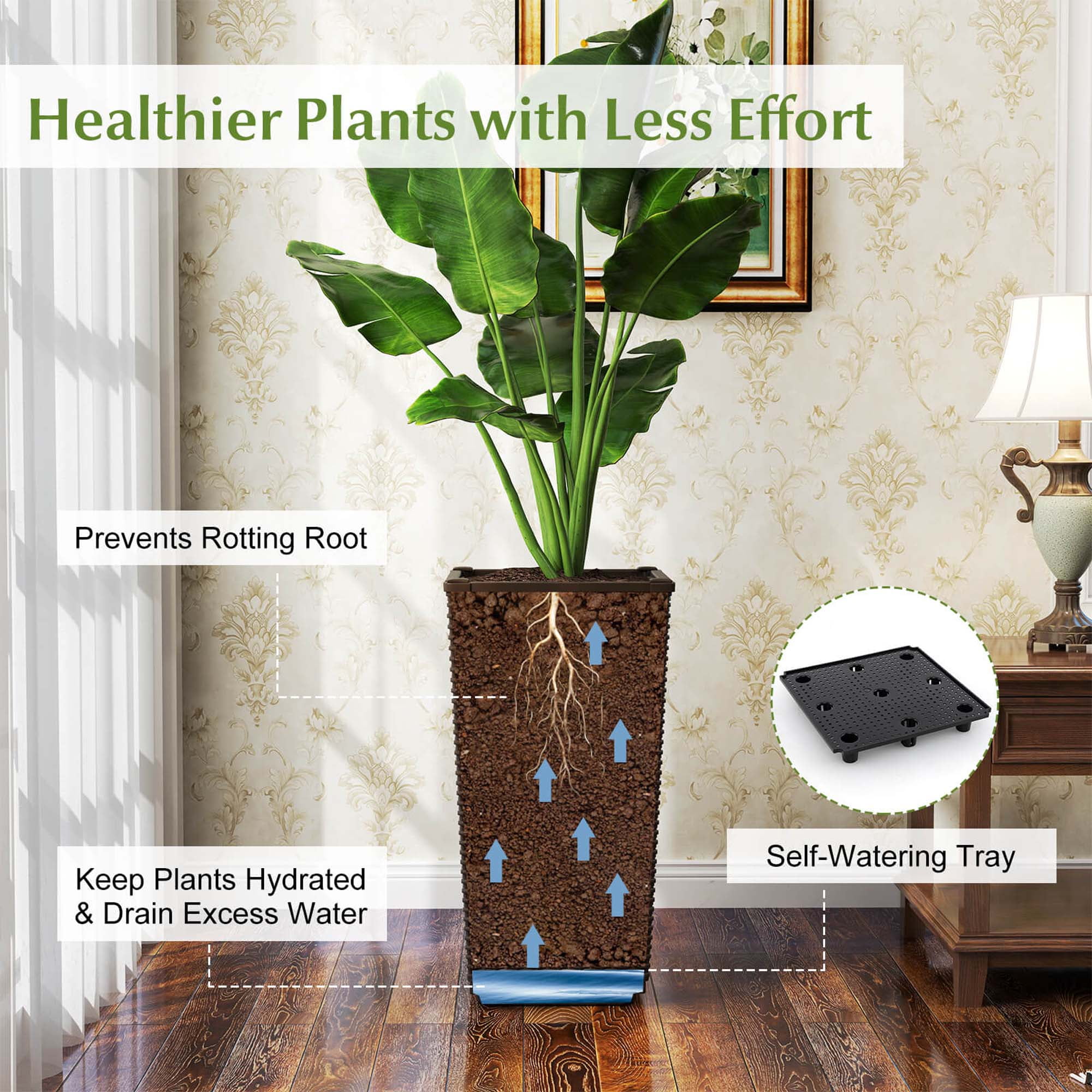 Costway 23" Tall Planters Set of 2 Rattan Wicker Plant Pot Self-watering Tree Pot Brown