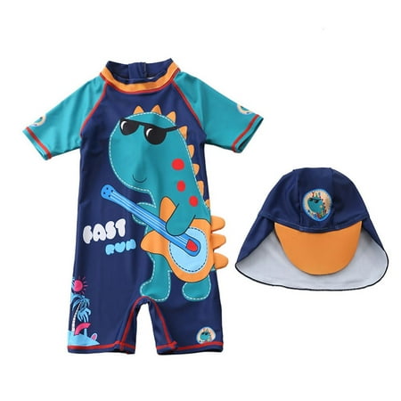

Bullpiano 1-7T Toddler Baby Boys Rashguard Kids Short Sleeve Cartoon Dinosaur One-Piece Swimsuit with Sun Hat