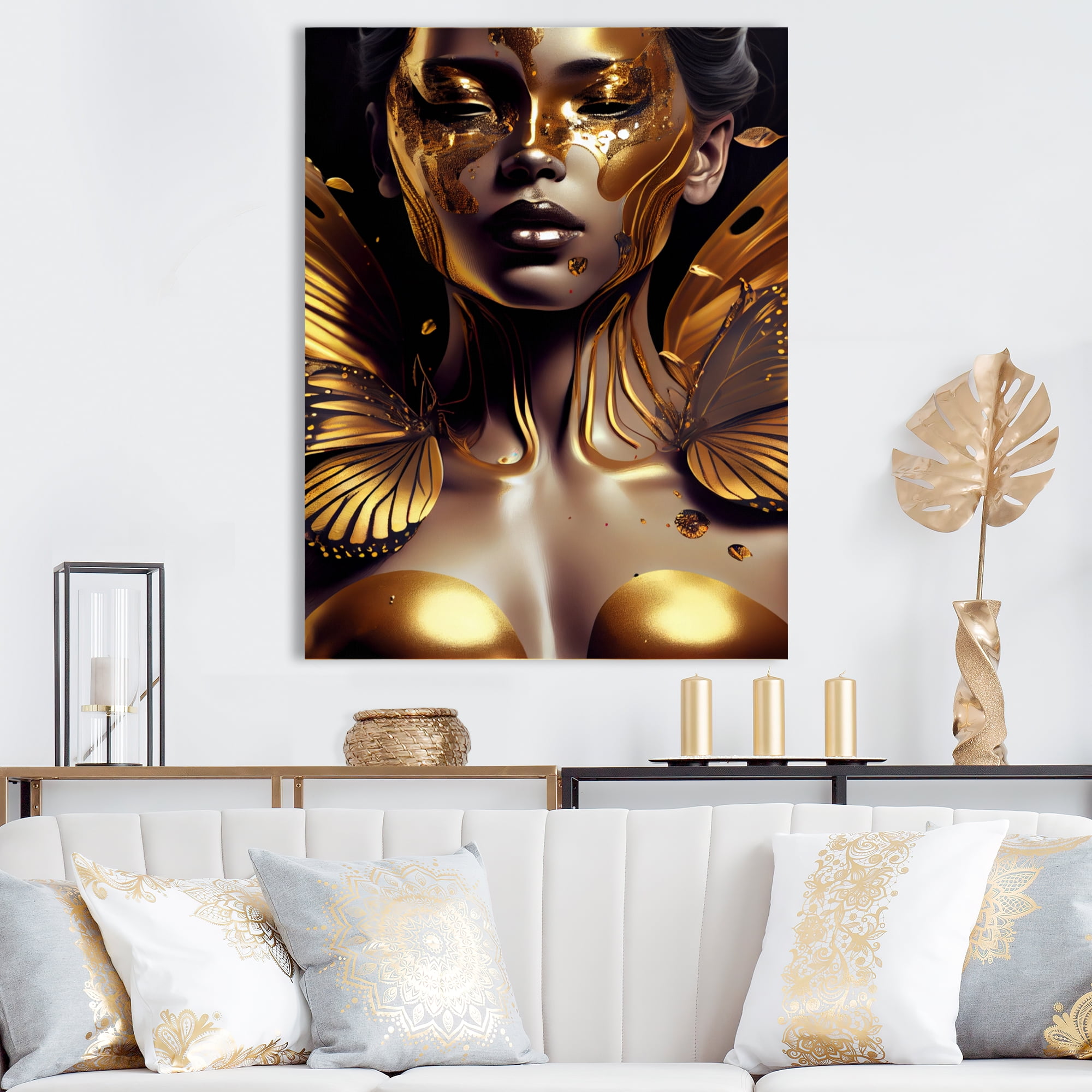Designart Woman With Black And Gold Butterflies III Canvas Wall Art