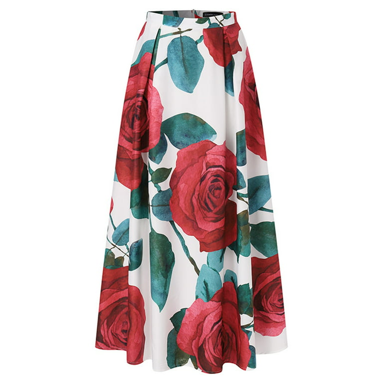 Women Mortilo Waist Print High Beach Maxi Skirt Party Bohemian Skirt Long Floral Pocket