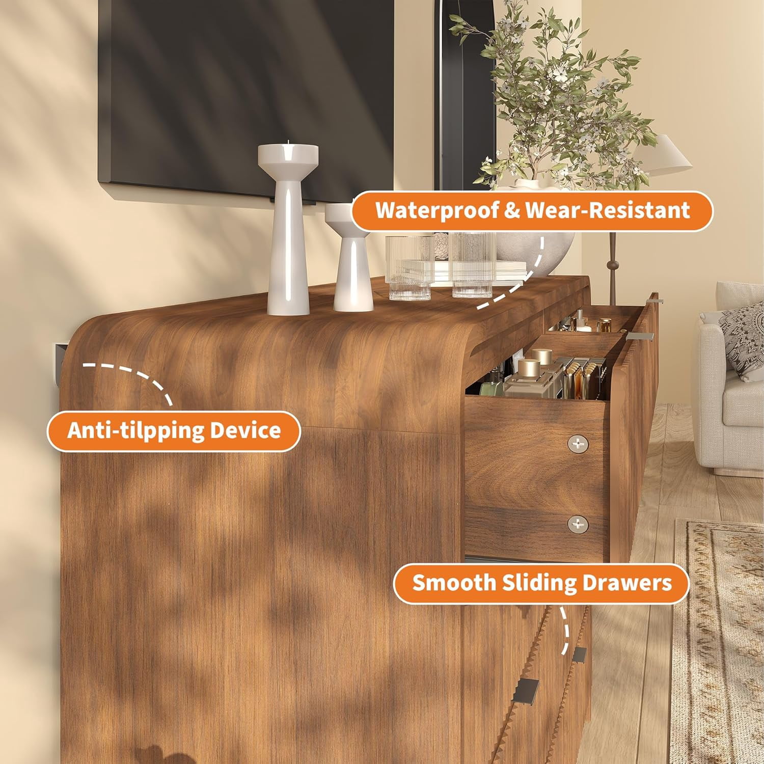 Fluted 8-Drawer Wide Dresser, Walnut Wood Chest with Rounded Edge for Bedroom, Living Room, Hallway