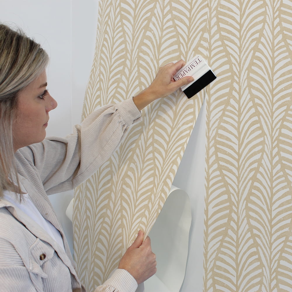 Tempaper Block Print Leaves White Clay Peel and Stick Wallpaper, 20.5" x 16.5'
