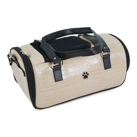 Small Pet Carrier for Small Dogs and Cats - Faux Alligator Leather Pet Travel Tote Bag - Double Strap Travel Pet Carrier for Cat Travel Bag - 9.05 x 9.05 x 18.1 Inch - Beige