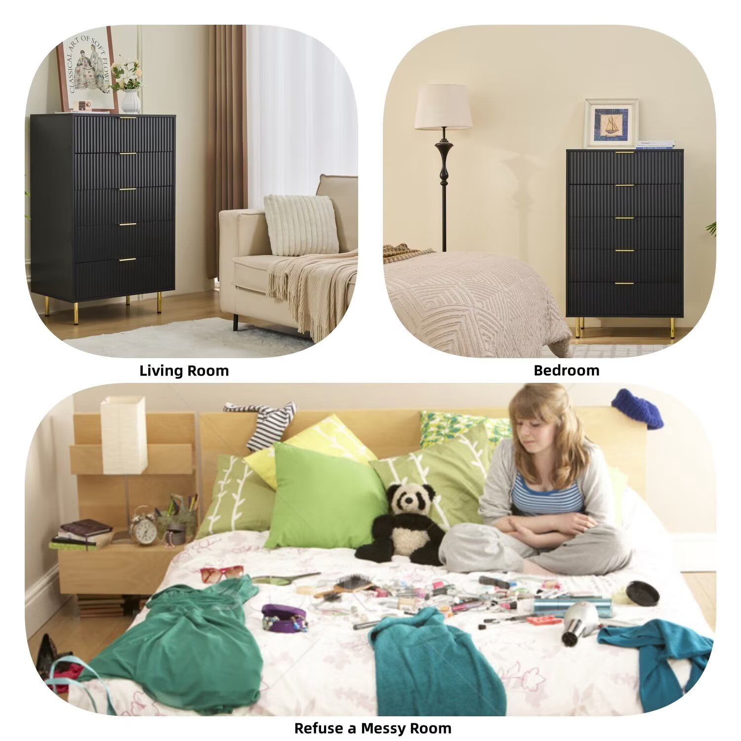 Black Bedroom Dresser with 5 Drawers 48" Tall Chest of Drawers Dresser for Bedrooms Closet