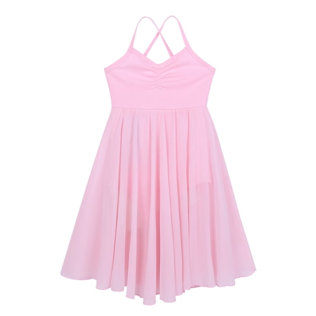 Hansber Robe de Danse Lyrique pour Filles Justaucorps Sans Manches Bretelles Spaghetti Tenue de Danse Ballet Classe Rose 7-8