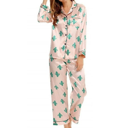 

Capreze Women Sleepwear Lapel Neck Nightwear Leopard Printed Pajamas Sets Baggy Lounge Set Long Sleeve Pink S