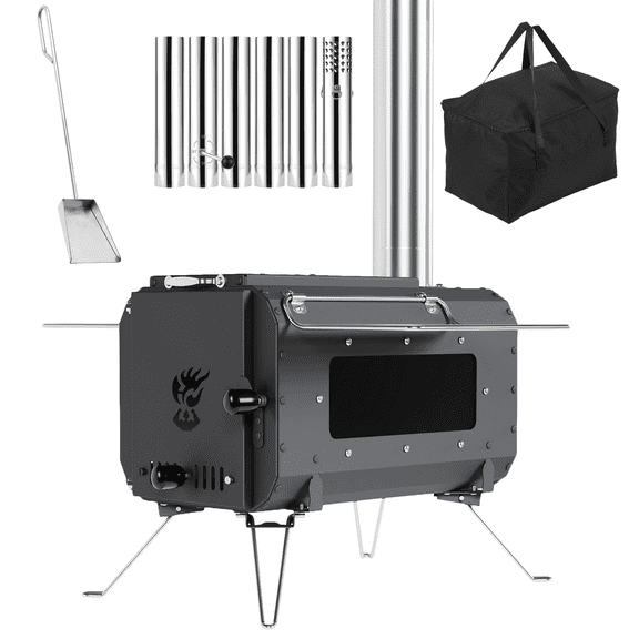 Portable Cast Iron Wood Stove for Camping & Tents - Includes Viewing Glass & Chimney Pipes for Heating and Cooking Outdoors