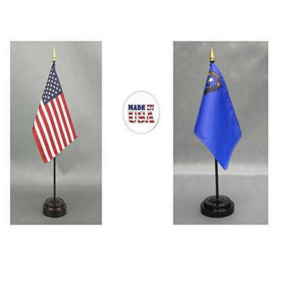 Made in The USA. 1 American and 1 Nevada 4"x6" Miniature Desk & Table Flag, Includes 2 Flag Stands & 2 Small Mini Stick Flags