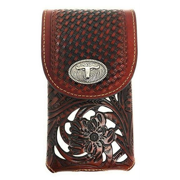 Texas West Western Cowboy Tooled Floral Leather Longhorn Concho Belt Loop Extra Large Cell Phone Holster Case