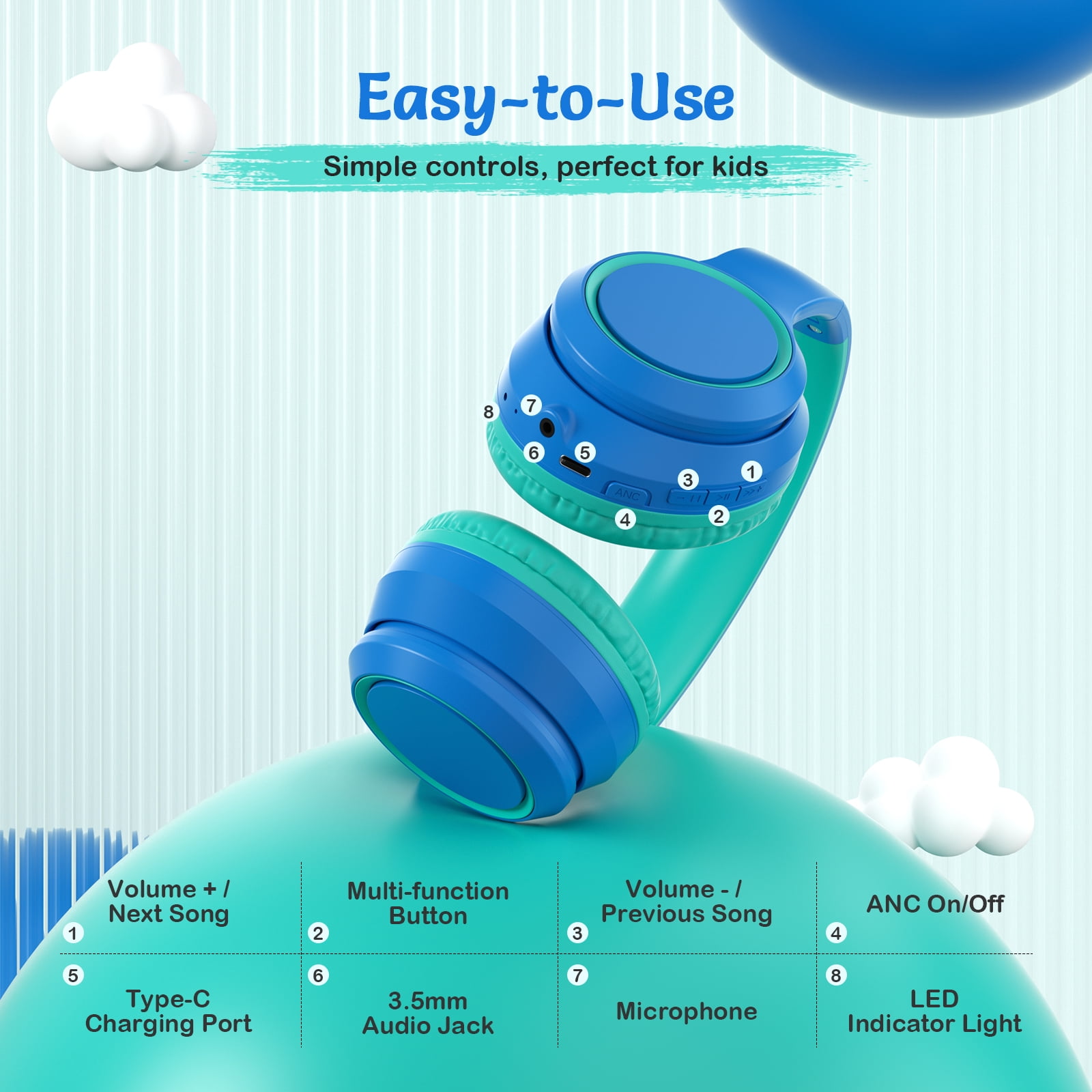Tonoshark Active Noise Cancelling Headphones for Kids, 60H Playtime, Wireless Bluetooth Over-Ear Blue Headset Built-in Microphone for Home/School/Travel/Party - Includes Portable Case