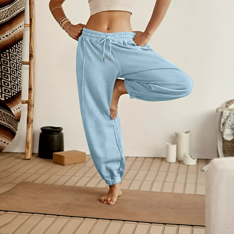 Mlqidk Womens Fleece High Waisted Sweatpants Baggy Comfy Stretch Workout  Joggers Pants Casual Flowy Yoga Pants with Pockets Light Blue XL