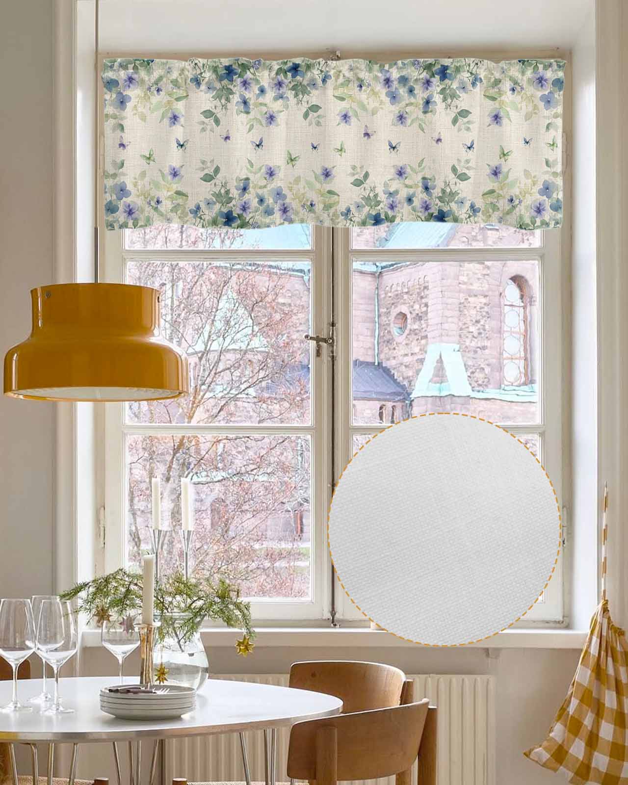 Butterfly Plant Kitchen Valances for Windows Farmhouse Linen Window Valance Curtain for Living Room Window Treatment Green Purple Watercolor Country Leaf Valance Rod Pocket Topper Drape, 60 x 18 Inch