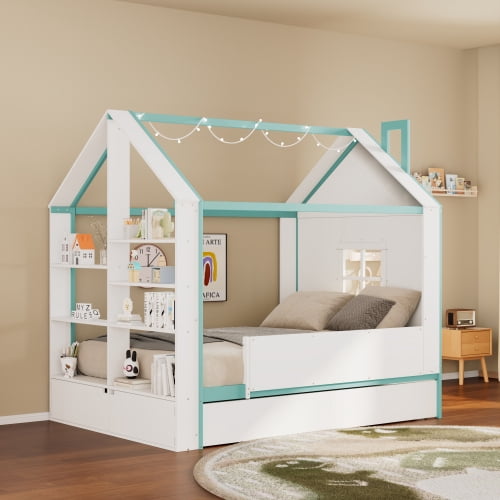Full Size Kids House Bed Frame with Pull-Out Trundle, Foot-End Storage Shelves & Cool White LED Lights, White+Blue