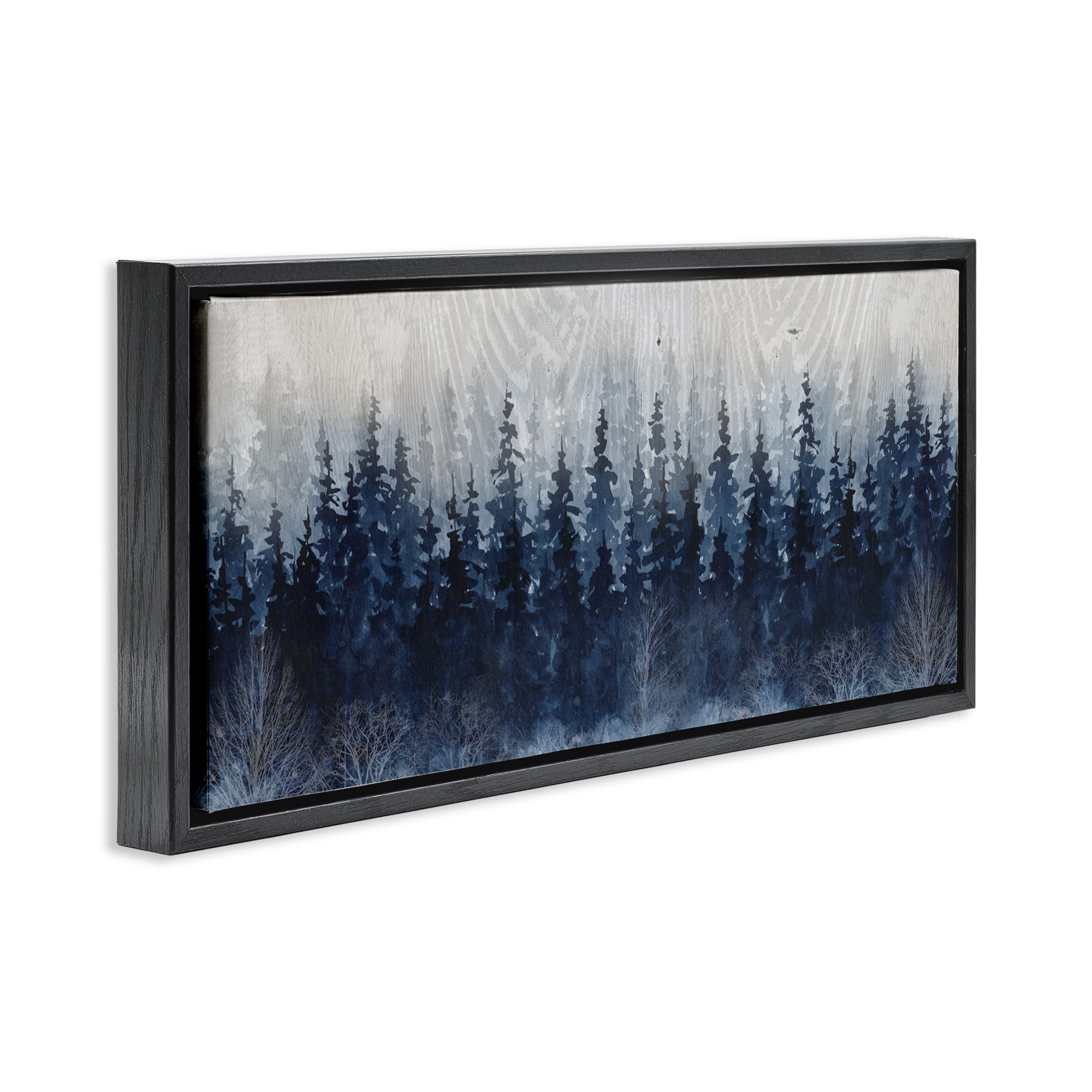 Stupell Industries Rustic Blue Forest Tree Line Landscape Painting Black Floater Framed Canvas Art Print Wall Art, 25 x 11