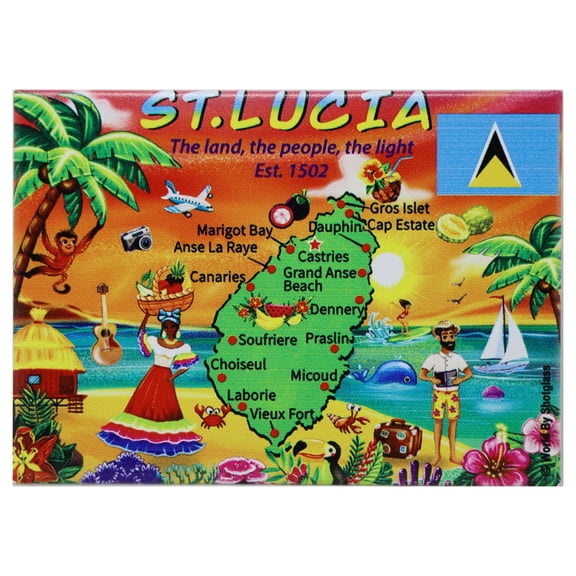 St. Lucia Graphic Map and Attractions Souvenir Fridge Magnet 2.5" X 3.5"