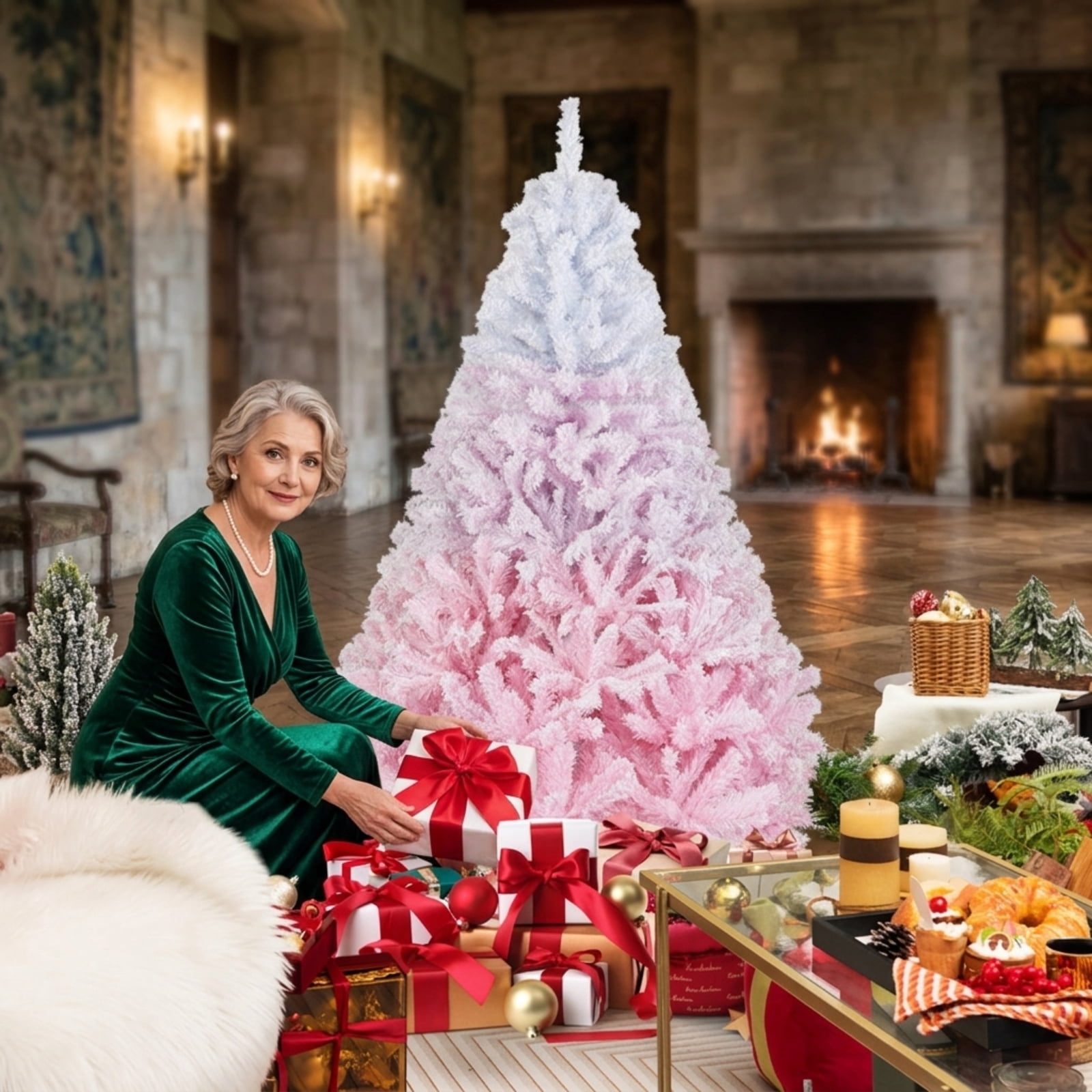 RUIE 6FT White & Pink Gradient Artificial Christmas Tree, 820 Snow Flocked Branch Tips Hinged Xmas Tree with Folding Metal Stand for Bedroom Holiday