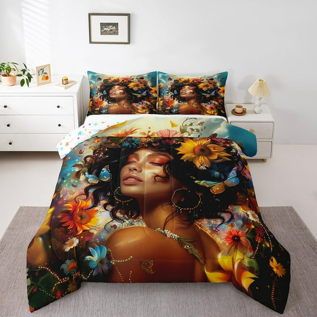 Black Girls Comforter Set 3 Pcs for Kids Teen Girls Princess Themed Bedding King, Rustic Farm Sunflowers Butterfly Bedding Comforter Sets American Black Girls Print Duvet Insert Afro Girls Quilt
