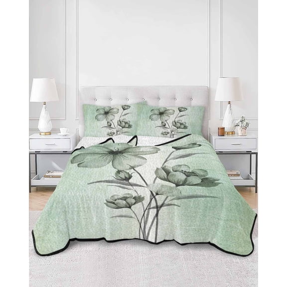Quilts King Size, Green Floral Soft Comforter Bedding Set for Bed, Country Rustic Ombre Painting Art Watercolor Lightweight Quilted Bedspread with Pillow Cover(2 Pieces) for All Season, 96x106 Inch