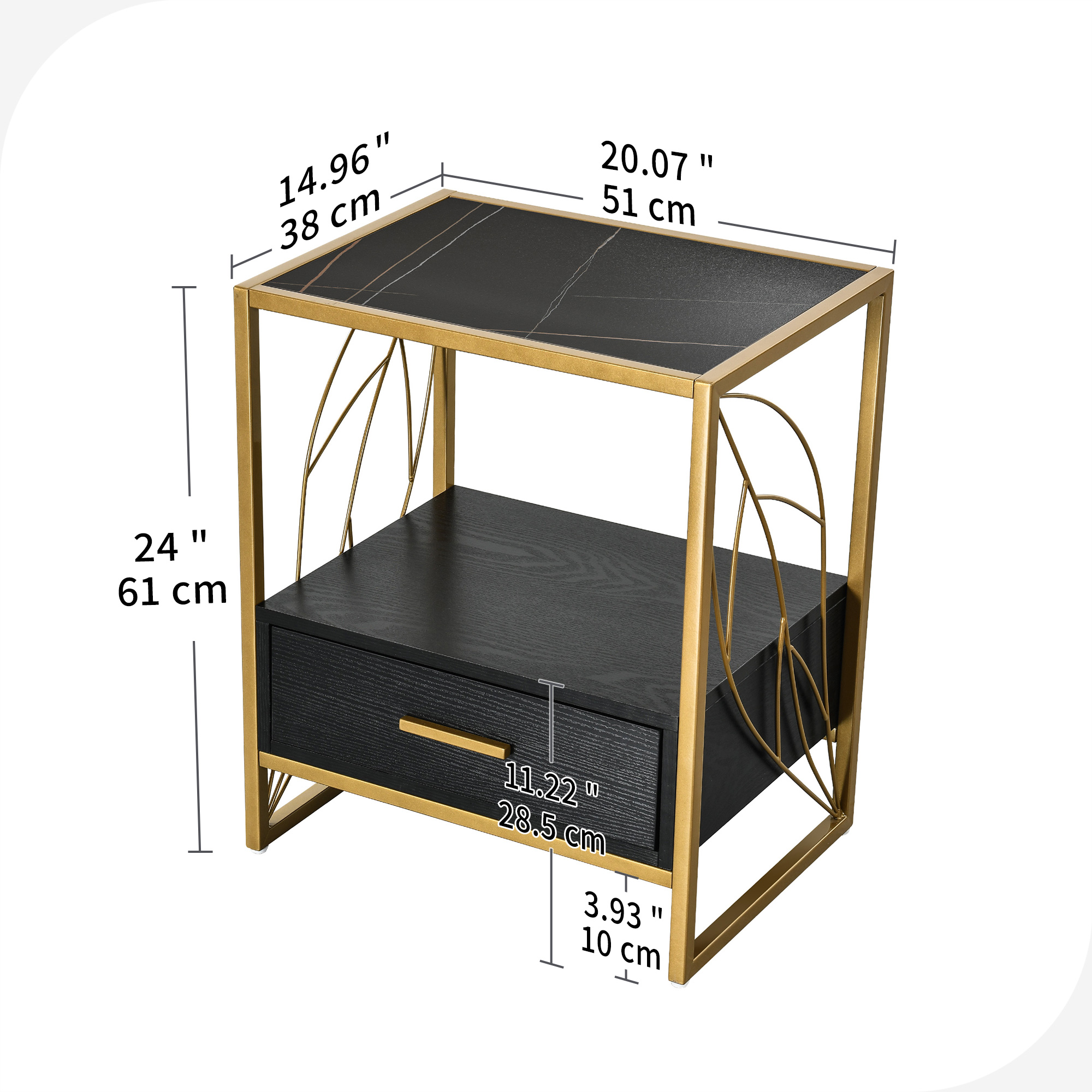Dextrus End Table with Drawer and Storage Shelf, Modern Nightstand Table Sofa Side Table with Sintered Stone Tabletop and Metal Leaf Shaped Frame for Living Room, Bedroom, Black and Gold
