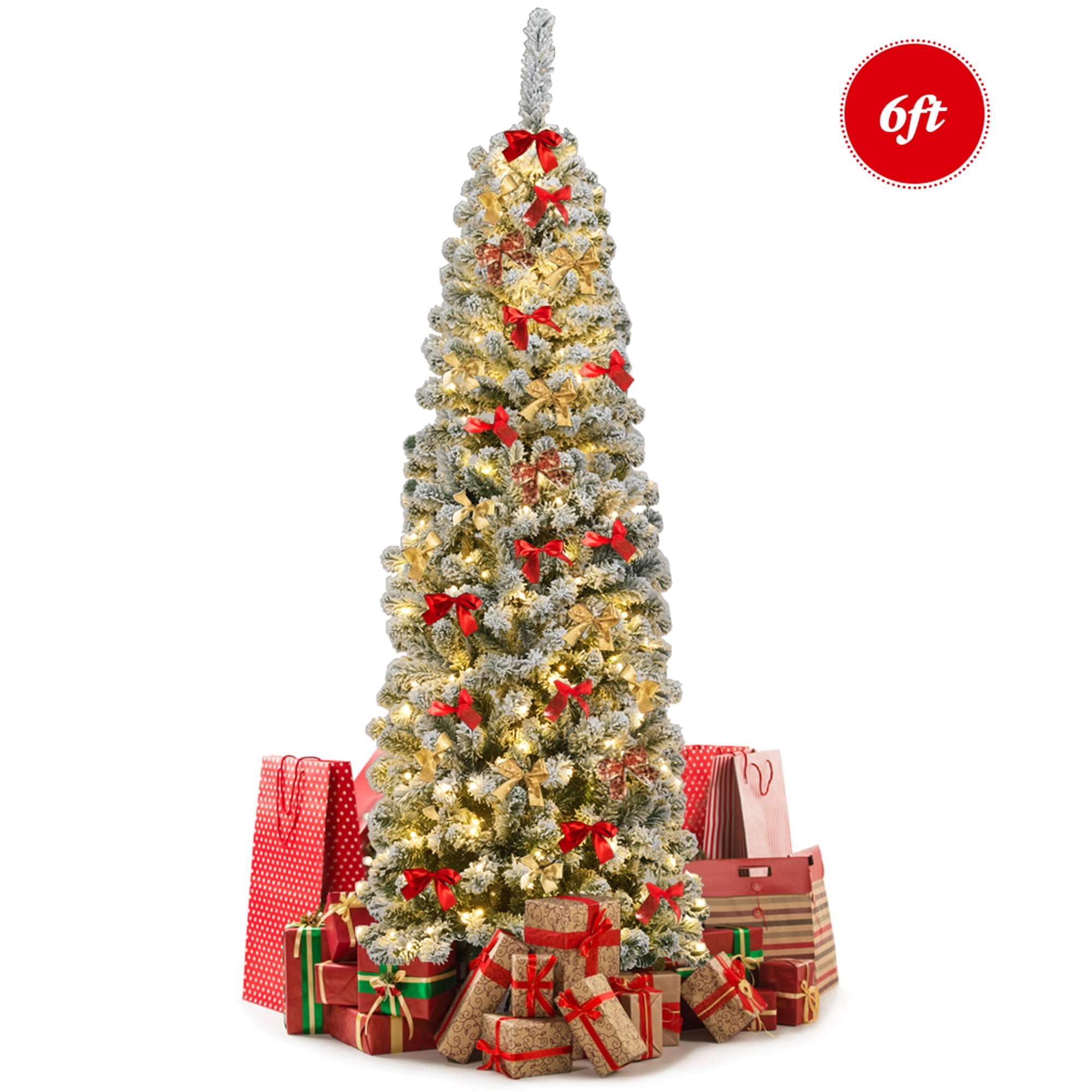 Gymax 6ft Pre-lit Pencil Snow Flocked Pencil Christmas Tree Holiday Decoration