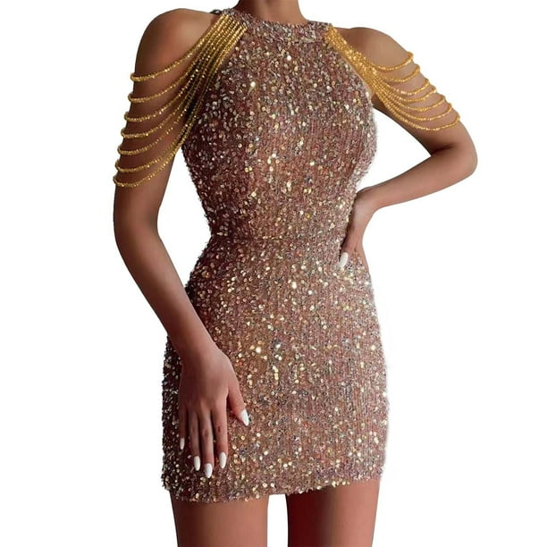 Gibobby Vestido sexy para fiesta Vestido de lentejuelas ajustado con flecos de cristal sexy con cuello halter a la moda de color sólido para mujer(Rosa,CH)
