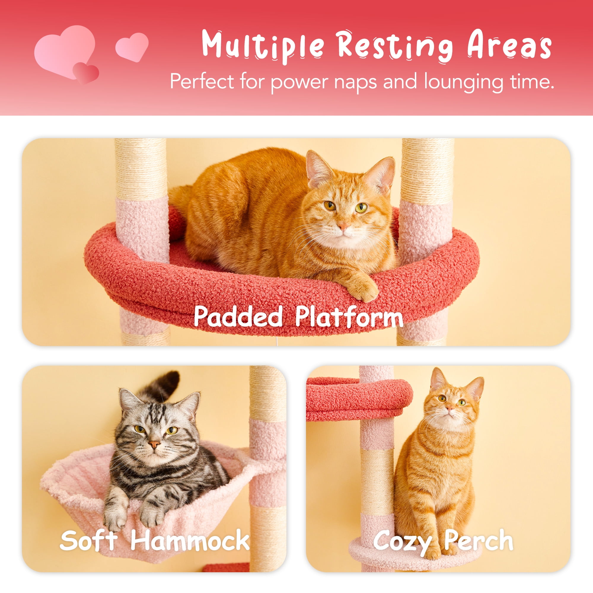 Furcato 92.1"-101.6" Adjustable Height Cat Tree, Floor to Ceiling Cat Tower, 7 Tiers Cat Climbing Tree with Hammock, Rose Pink