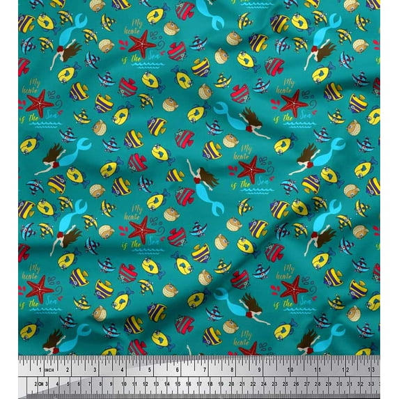 Soimoi Cotton Jersey Fabric Fish,Mermaid & Starfish Ocean Print Fabric by The Yard 58 Inch Wide