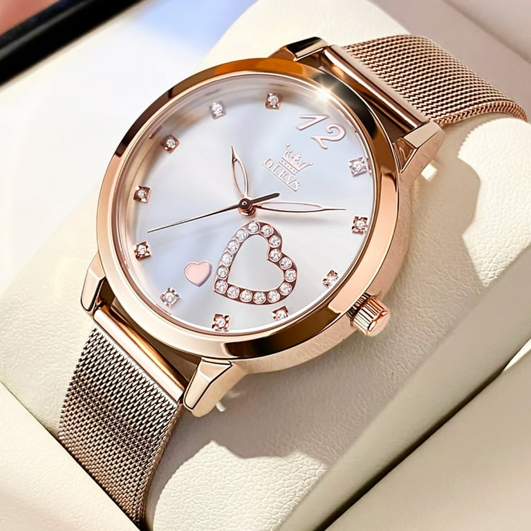 OLEVS Ladies Watches Rose Gold Mesh Strap Fashion Dress Japanese Quartz Waterproof Luminous Female Watches for Women White Dial