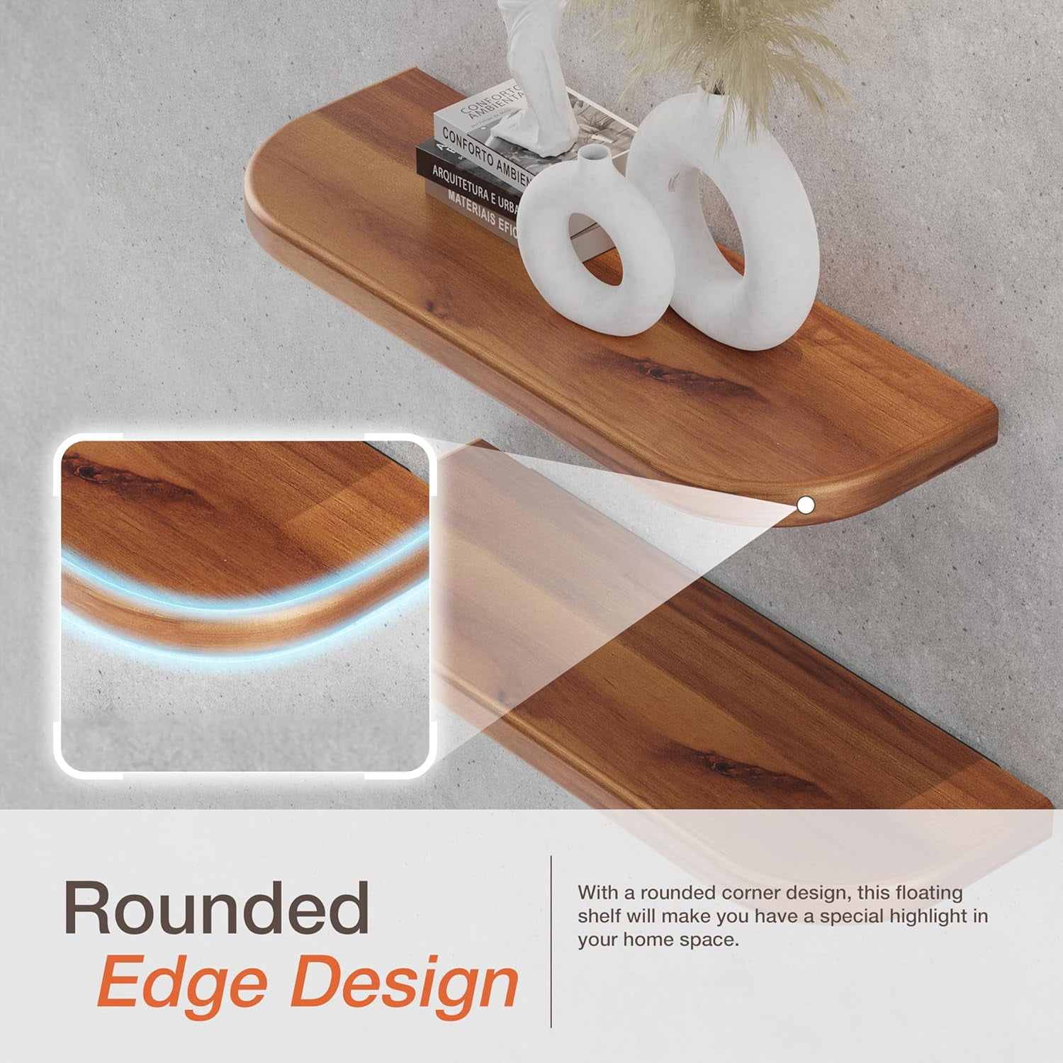 TIDITA 17" Acacia Wood Floating Shelves Wall Mounted (Round Edge), Wooden Shelf for Bedroom, Kitchen - Brackets and Shelving Hardware Included, Brown