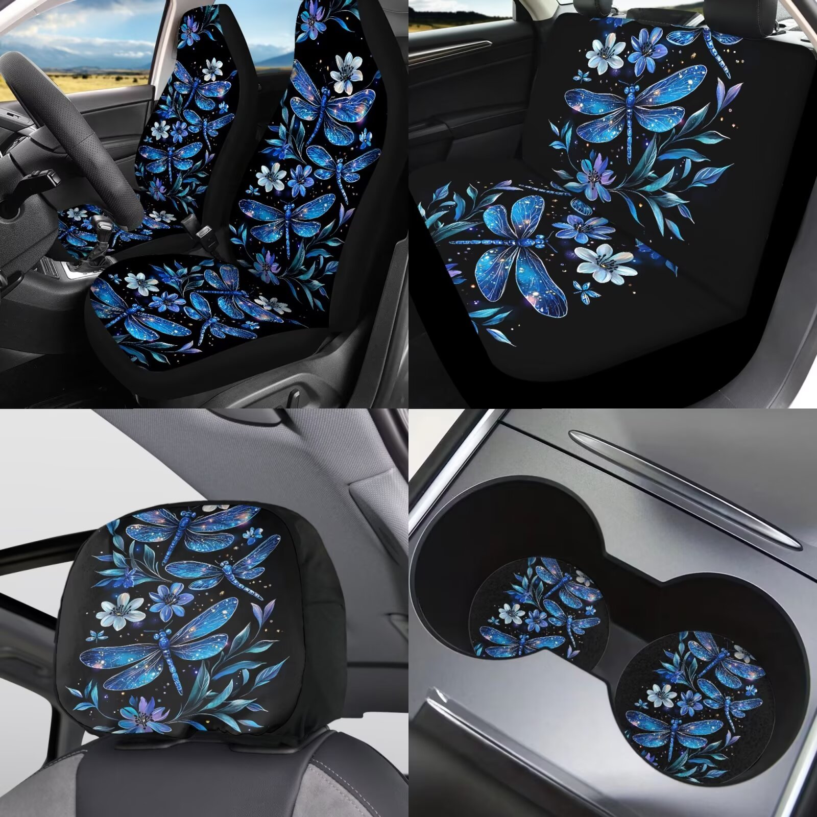 Garronmavis Blue Dragonfly Print 11 Pack Car Seat Covers Full Set Easy to Install and Clean with Cars Headrest Protectors+Wristlet Keychain+Auto Cup Coaster+Handbrake Gear+Shift Knob Cover