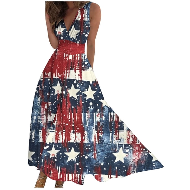 Vestido Corto de Verano Patriótico Día de la Independencia Impreso Cuello en V sin Mangas Grande Doblado, Mini Longitud para Casual Y Diario