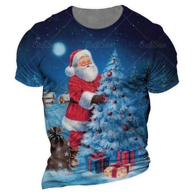 Ropa con patrón de Papá Noel para hombre, camiseta de manga corta con cuello redondo, talla grande europea, novedad de 2024