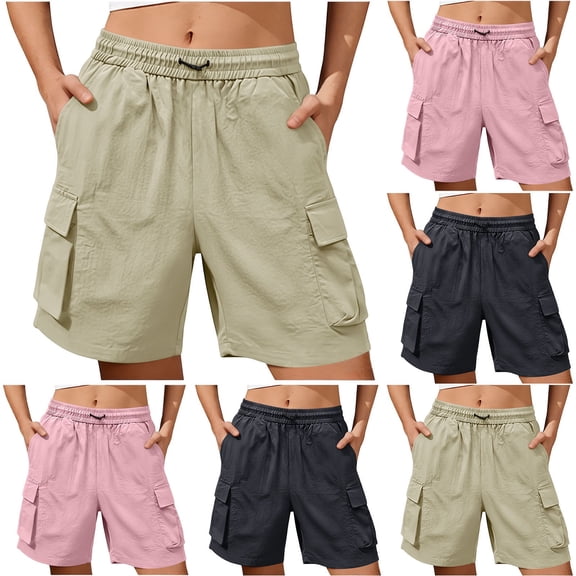 Asxite Womens Shorts High Waisted Summer Casual Solid Elastic Cargo Pockets Calf Length Stretchy