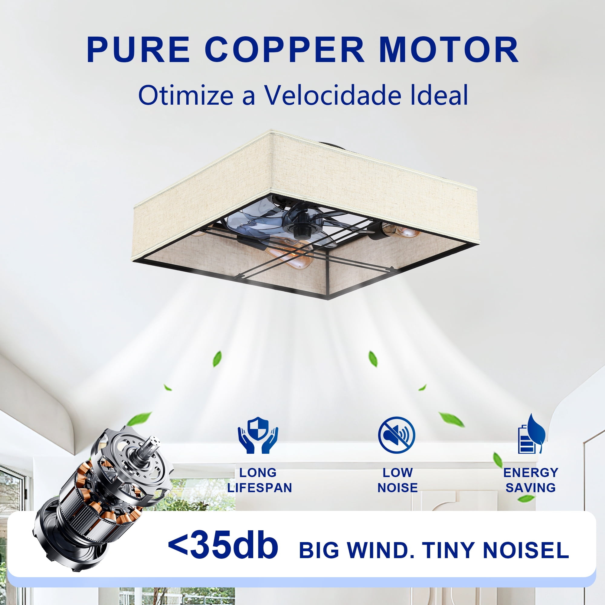 Leumius 16.6" Square Fabric Farmhouse Ceiling Fan with Light and Remote Control,Low Profile Modern Enclosed Ceiling Fans with Reversible Motor for Living Room,Bedroom,Kitchen (NOT Included Bulbs)