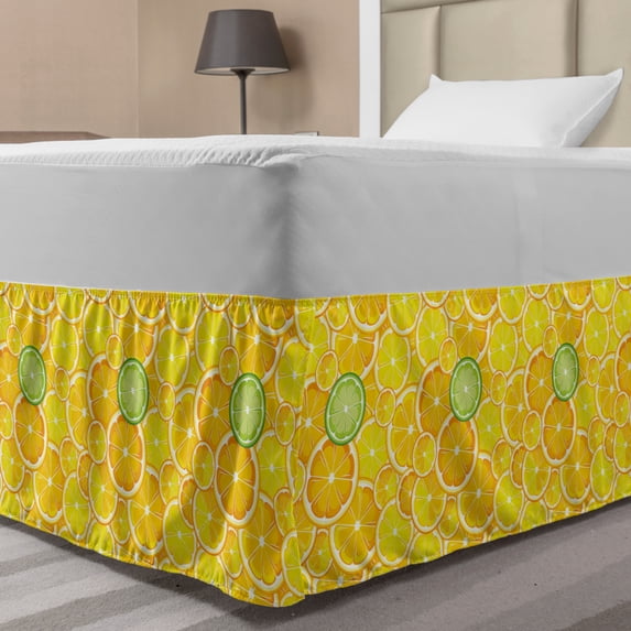 Yellow Bed Skirt, Lemon Orange Lime Fruit Citrus Round Cut Circles Big and Small Pattern, Elastic Bedskirt Dust Ruffle Wrap Around for Bedding Decor, 4 Sizes, Yellow White and Green, by Ambesonne