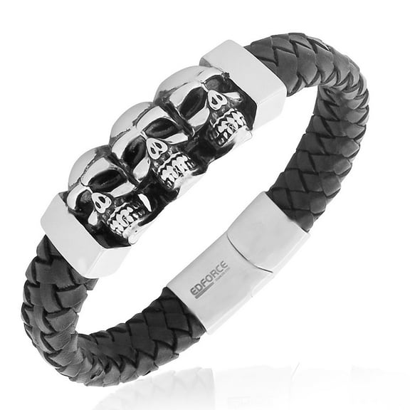 Stainless Steel Black Leather Silver-Tone Skull Mens Wristband Bracelet, 8