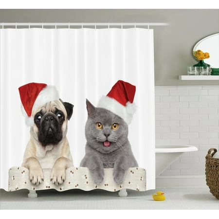 Pug Shower Curtain Christmas Themed Animal Photography With A Cat Pug Shower Curtain Christmas Themed Animal Photography With A Cat And Dog Wearing Santa Hats
