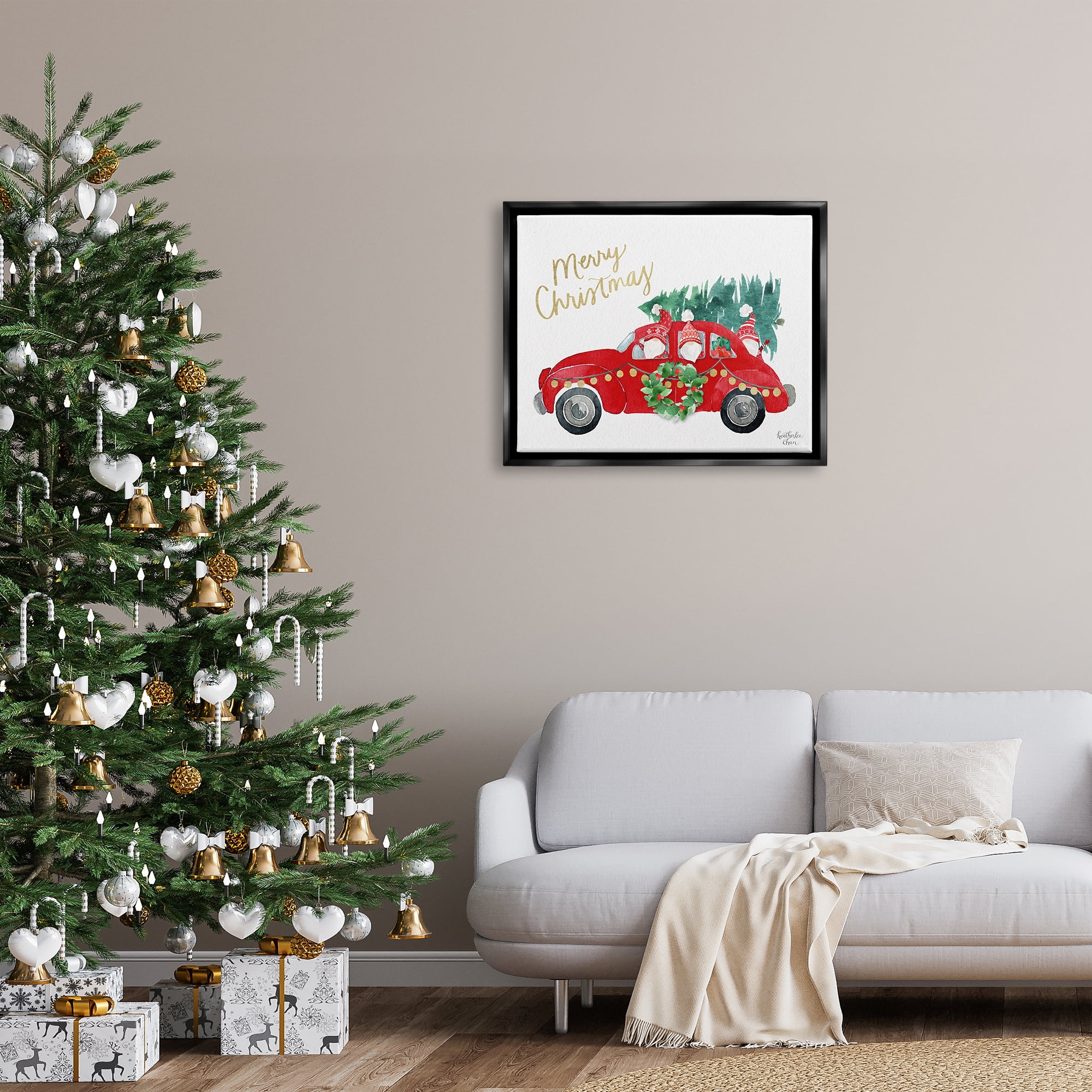Stupell Industries Santa Gnomes Driving Christmas Car Holiday Tree Graphic Art Jet Black Floating Framed Canvas Print Wall Art, Design by Heatherlee Chan