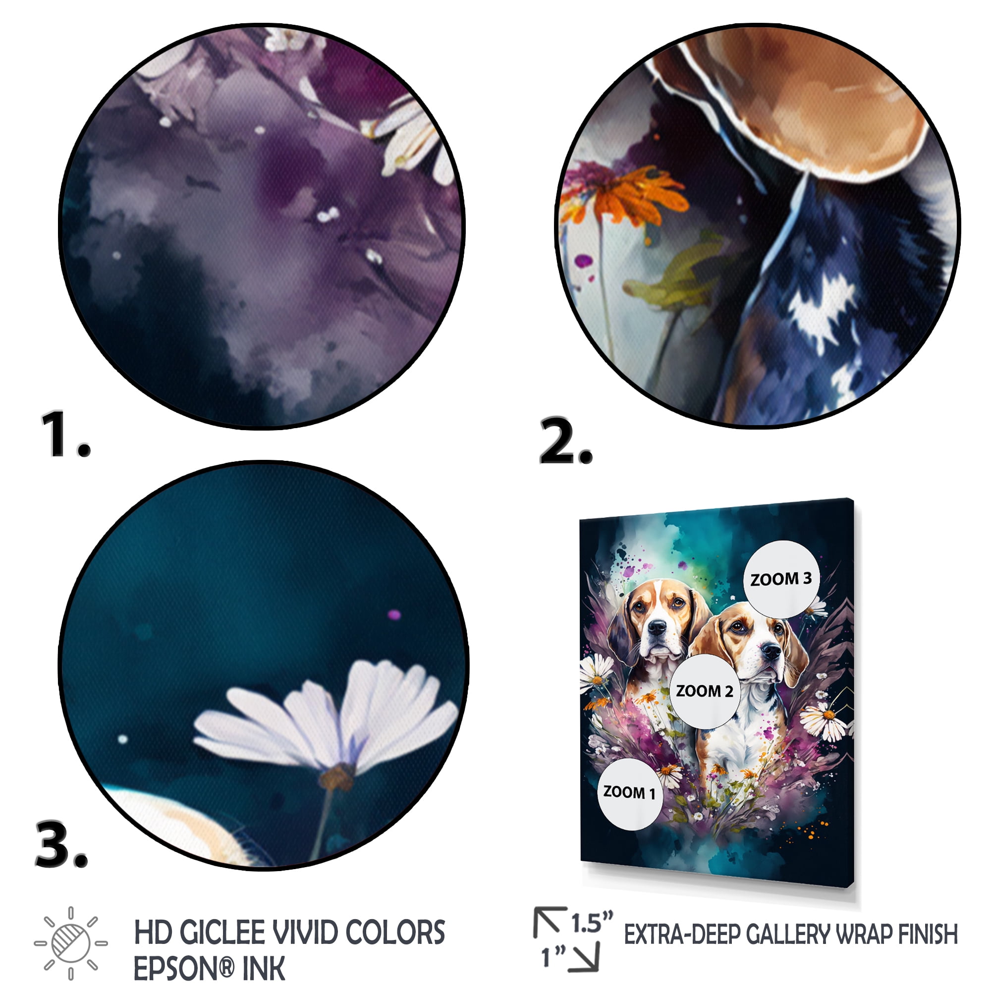 Designart Cute Beagles Floral Art Canvas Wall Art