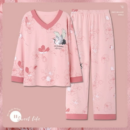 

DanceeMangoo Women Sleepwear Suit Autumn Winter Womens Cotton Long Sleeve Pajamas Set Loose Adult Mother Nightwear Set Soft HomeWear Clothes