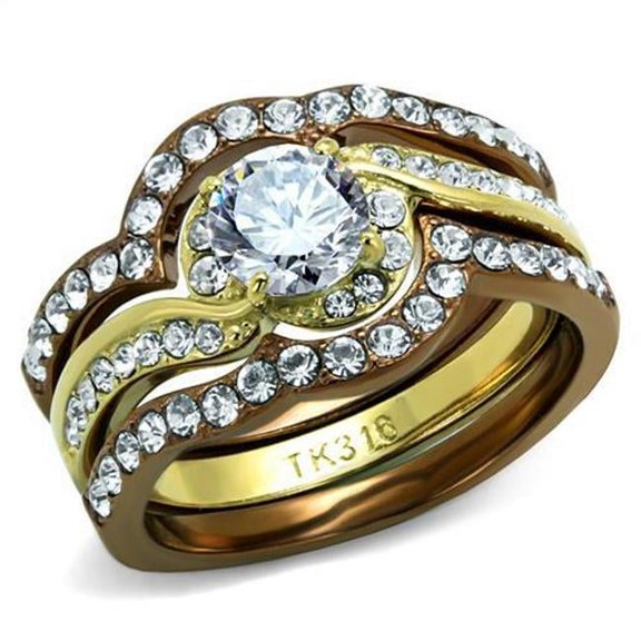 Alamode TK2669-6 Women IP Gold & IP Light Brown Stainless Steel Ring with AAA Grade CZ in Clear - Size 6