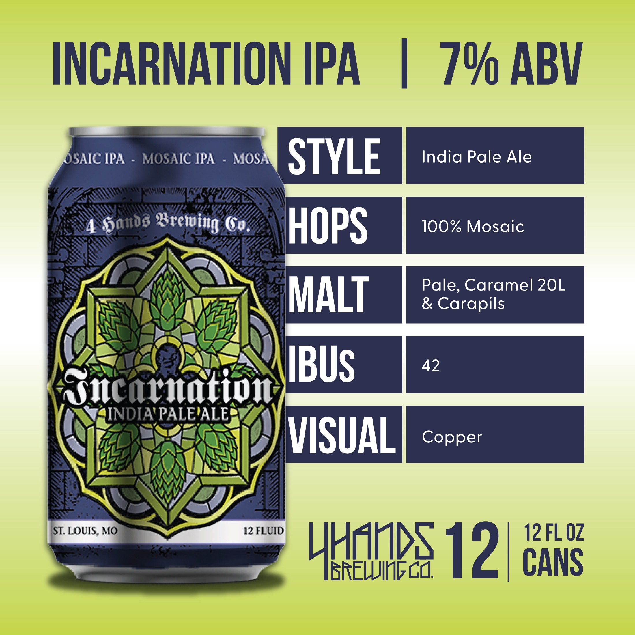 4 Hands Incarnation IPA Craft Beer, 12 Pack, 12 fl oz Aluminum Cans, 7.0% ABV