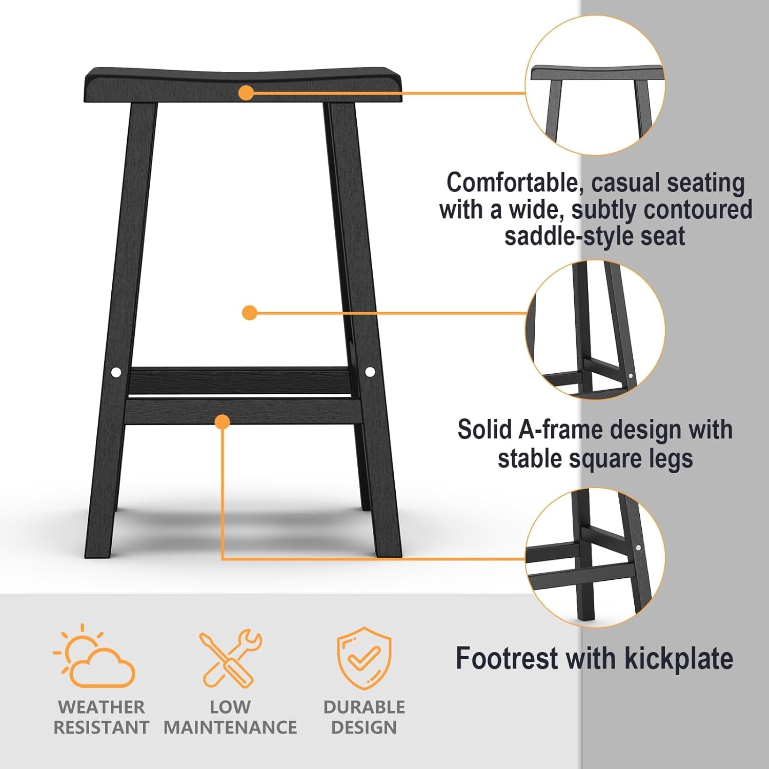 Joxxoaa Solid Wood Saddle-Seat Counter Height Bar Stools for Kitchen Island and Home Bar with Footrest, 29-Inch Height, Black, Set of 4