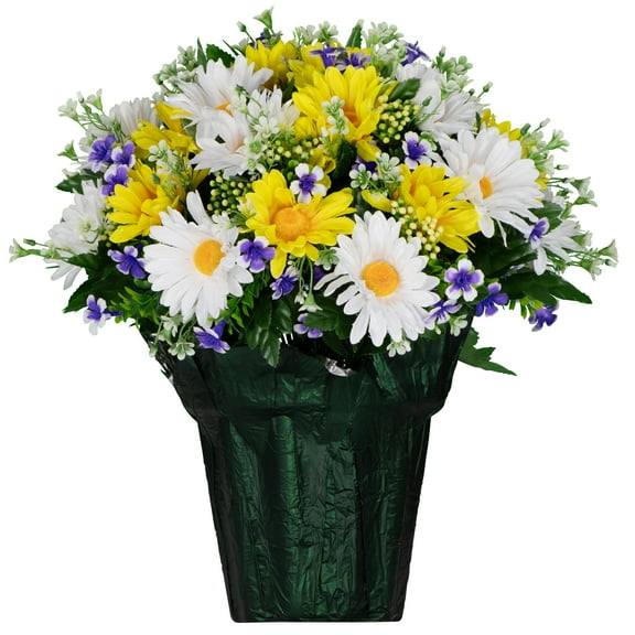 Sympathy Silks Artificial Flowers White and Yellow Daisies Weighted Flower Pot