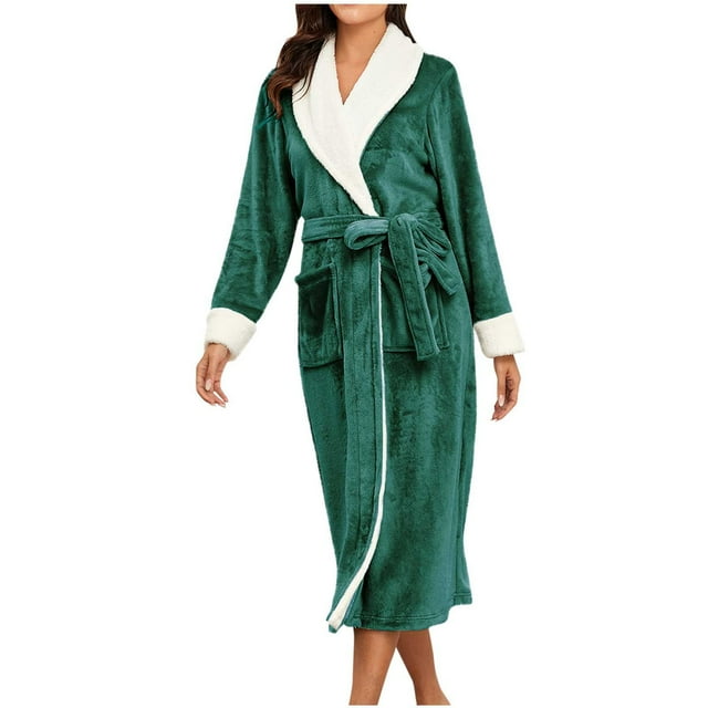 Penkiiy Womens Plush Soft Robe Warm Fleece Shawl Collar Bathrobe Fluffy Long Robes with Pockets L Army Green