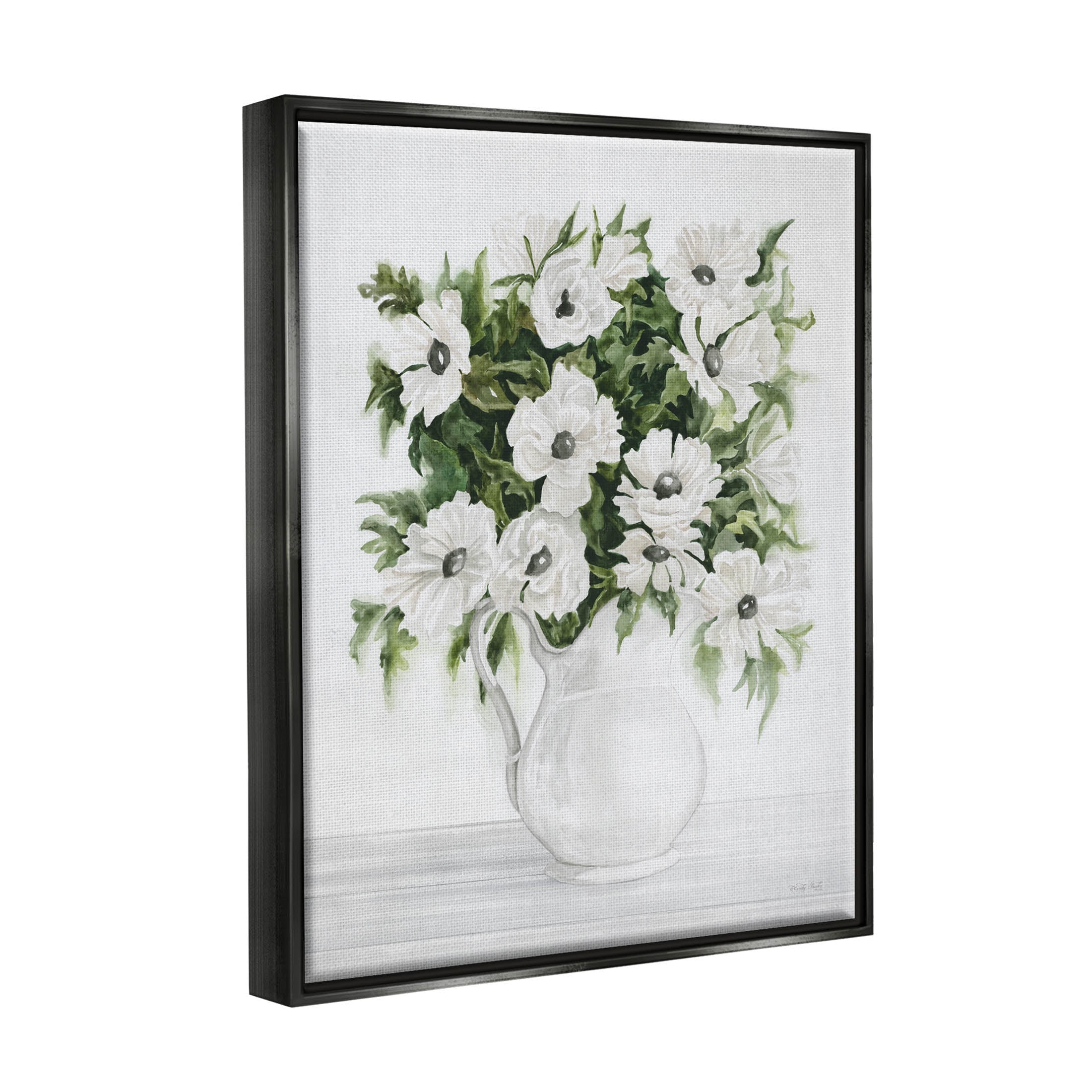 Stupell Industries Blooming White Flowers Still Life Vase Painting Jet Black Floating Framed Canvas Print Wall Art, Design by Cindy Jacobs